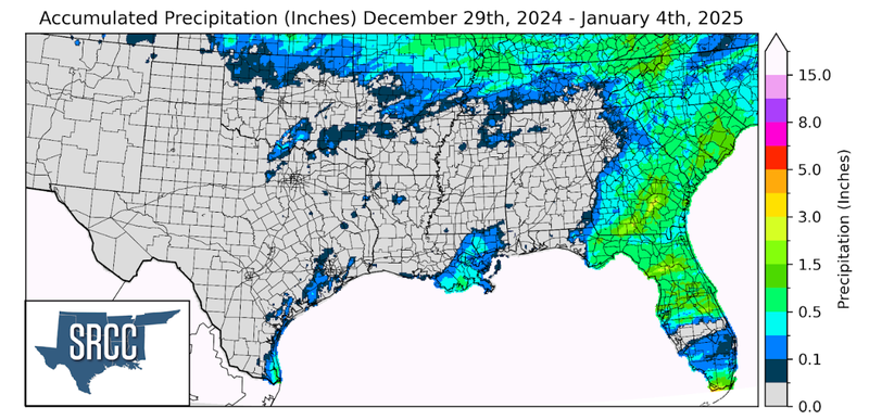 Graphic showing the accumulated precipitation across the Southern Region for December 29th - January 4th