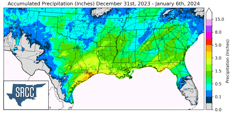 Graphic showing the accumulated precipitation across the Southern Region for December 31st - January 6th