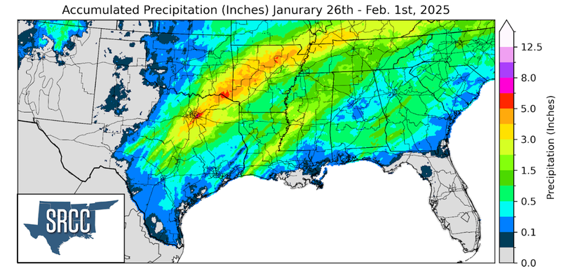 Graphic showing the accumulated precipitation across the Southern Region for January 26th - February 1st