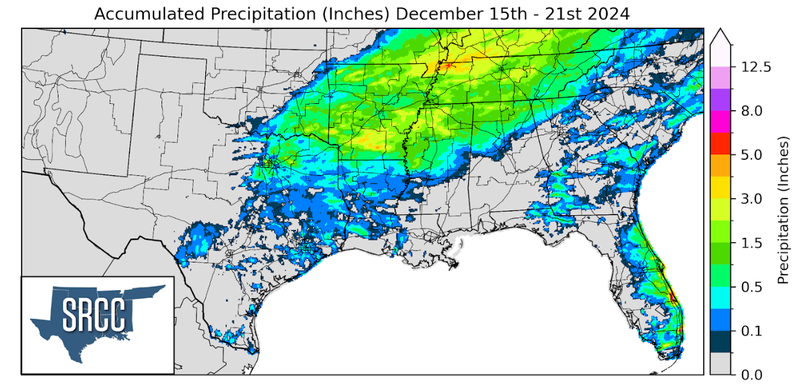 Graphic showing the accumulated precipitation across the Southern Region for December 15th - 21st