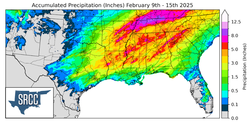 Graphic showing the accumulated precipitation across the Southern Region for February 9th - 15th