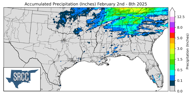 Graphic showing the accumulated precipitation across the Southern Region for February 2nd - 8th