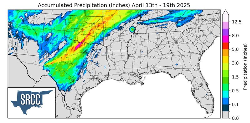 Graphic showing the accumulated precipitation across the Southern Region for April 13th - 19th
