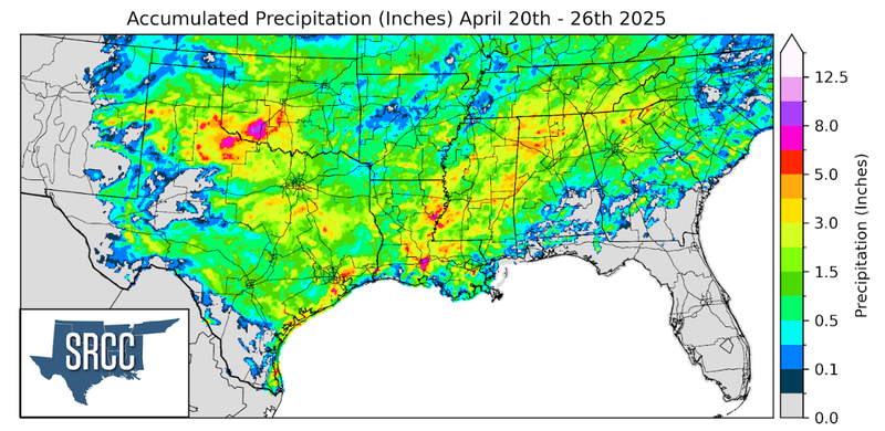 Graphic showing the accumulated precipitation across the Southern Region for April 13th - 19th