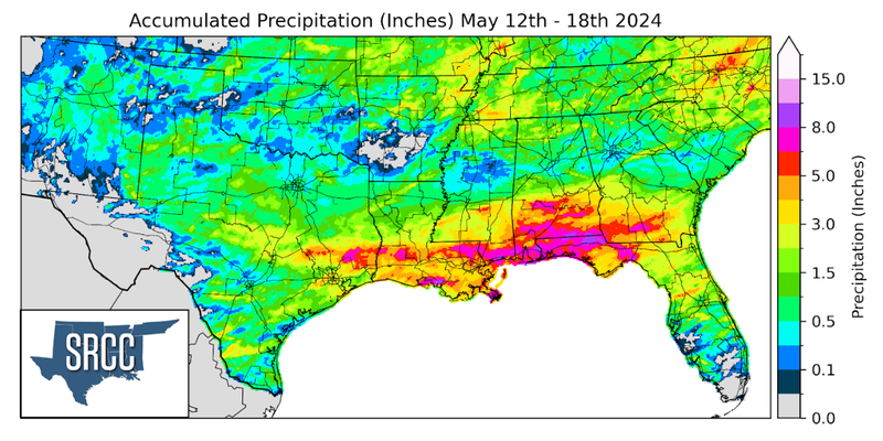 Graphic showing the accumulated precipitation across the Southern Region for May 12th - 18th