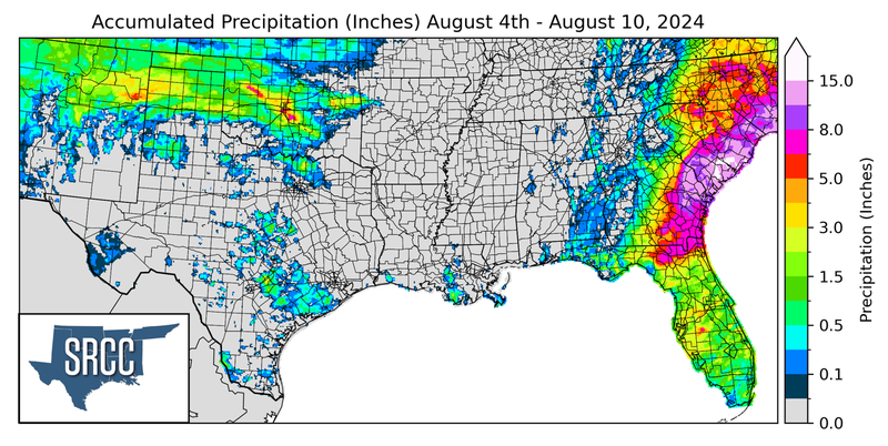 Graphic showing the accumulated precipitation across the Southern Region for August 4th - 10th