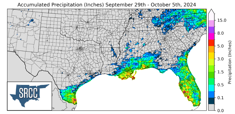 Graphic showing the accumulated precipitation across the Southern Region for September 29th - October 5th