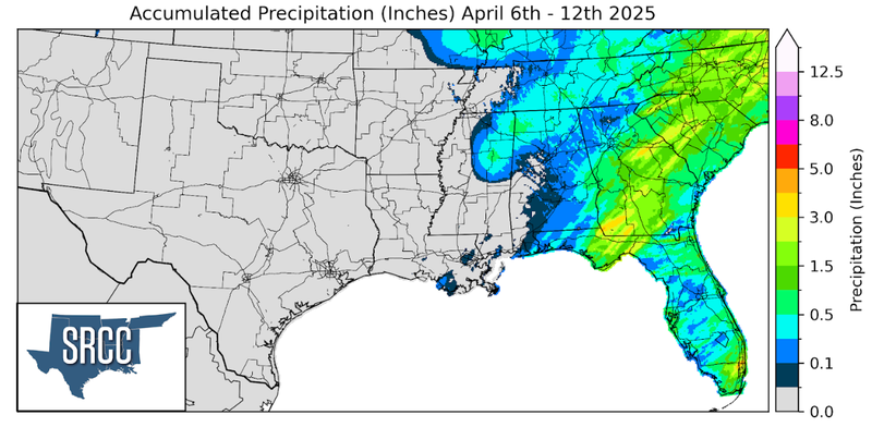 Graphic showing the accumulated precipitation across the Southern Region for April 4th - 12th