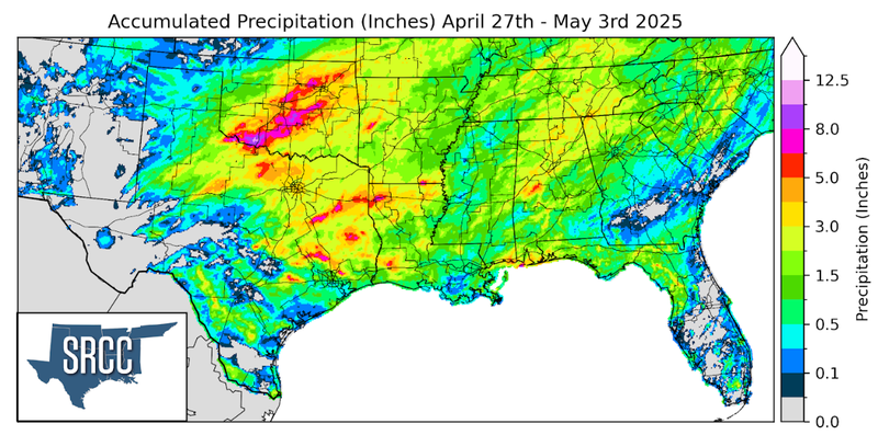 Graphic showing the accumulated precipitation across the Southern Region for April 27th - May 3rd