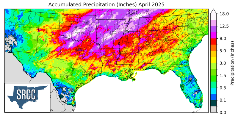 Graphic showing the accumulated precipitation across the Southern Region for April