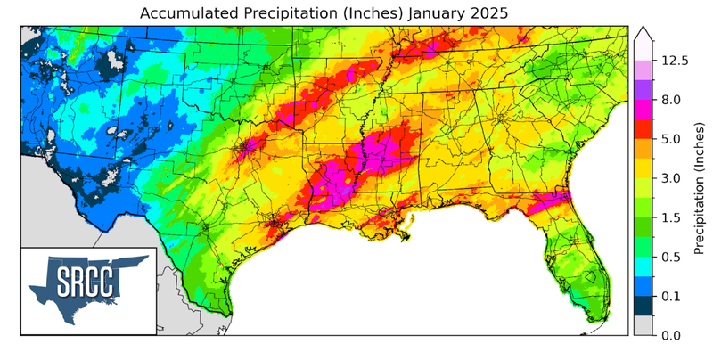 Graphic showing the accumulated precipitation across the Southern Region for January