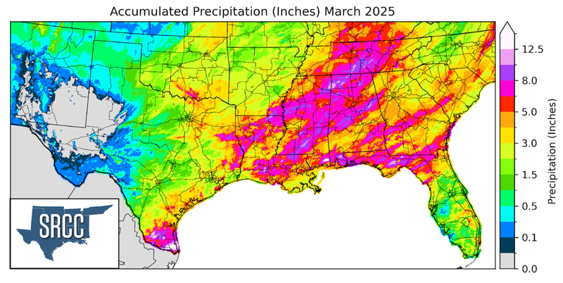 Graphic showing the accumulated precipitation across the Southern Region for March