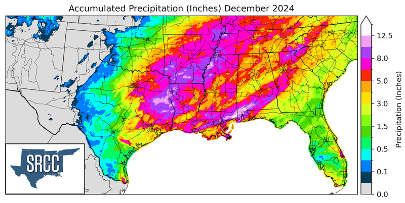 Graphic showing the accumulated precipitation across the Southern Region for December