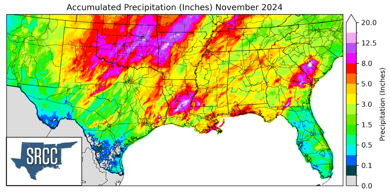 Graphic showing the accumulated precipitation across the Southern Region for November