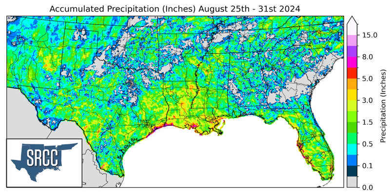 Graphic showing the accumulated precipitation across the Southern Region for August 25th - 31st