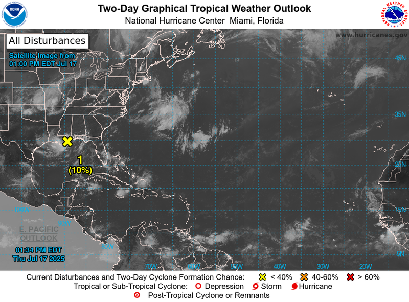 Two Day Graphical Tropical Weather Outlook valid 12pm CDT on July 17, 2025