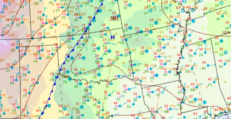 Surface analysis displaying a strong artic cold front