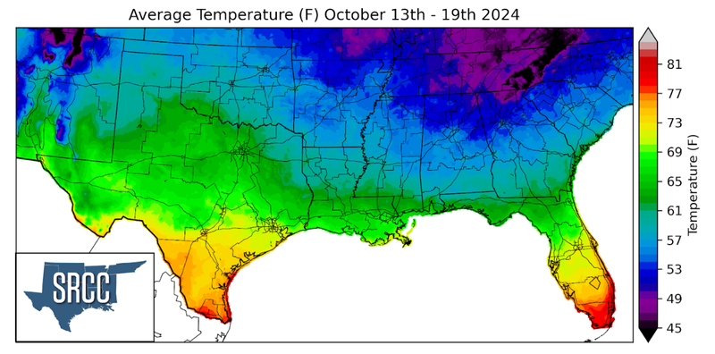 Graphic showing the average temperature across the Southern Region for October 13th - 19th