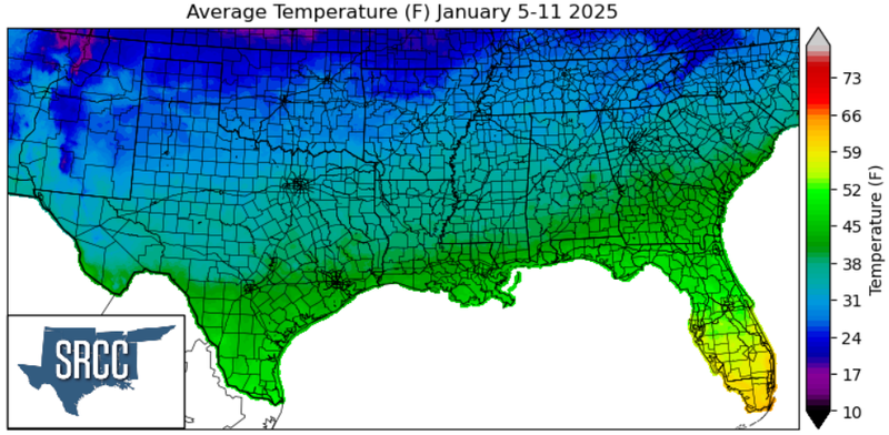 Graphic showing the average temperature across the Southern Region for January 5th - 11th