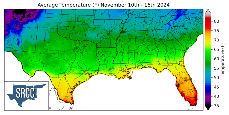 Graphic showing the average temperature across the Southern Region for November 10th - 16th