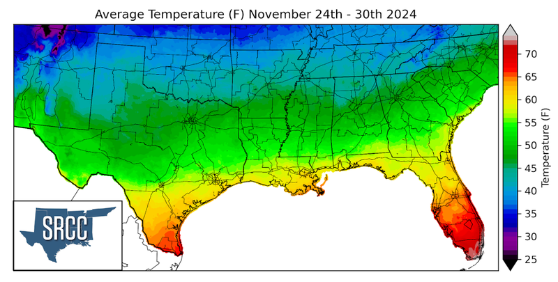 Graphic showing the average temperature across the Southern Region for November 24th - 30th