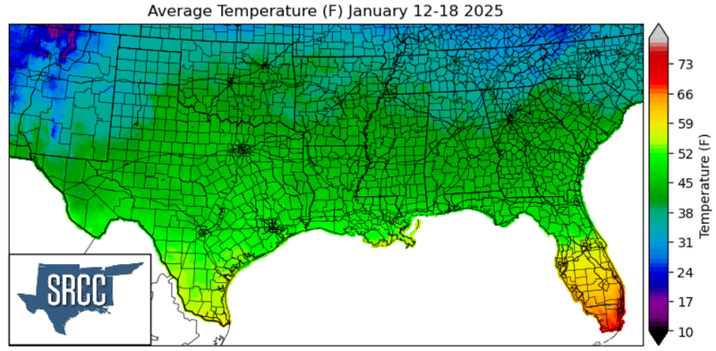 Graphic showing the average temperature across the Southern Region for January 12th - 18th