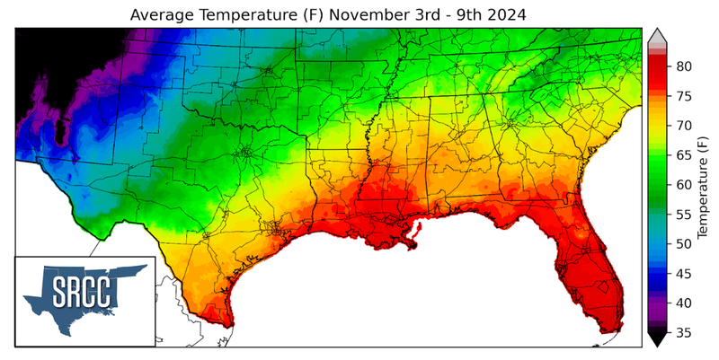 Graphic showing the average temperature across the Southern Region for November 3rd - 9th