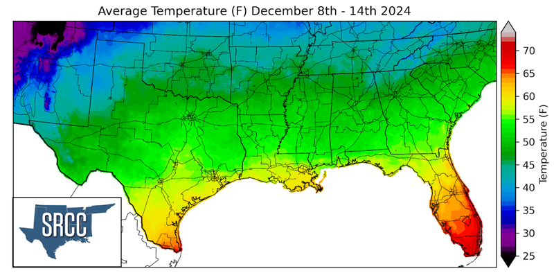 Graphic showing the average temperature across the Southern Region for December 8th - 14th