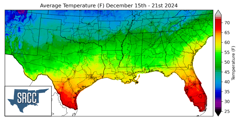 Graphic showing the average temperature across the Southern Region for December 15th - 21st