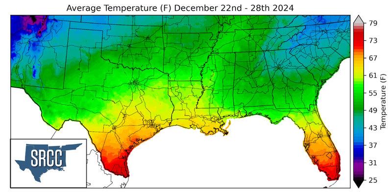 Graphic showing the average temperature across the Southern Region for December 22nd - 28th