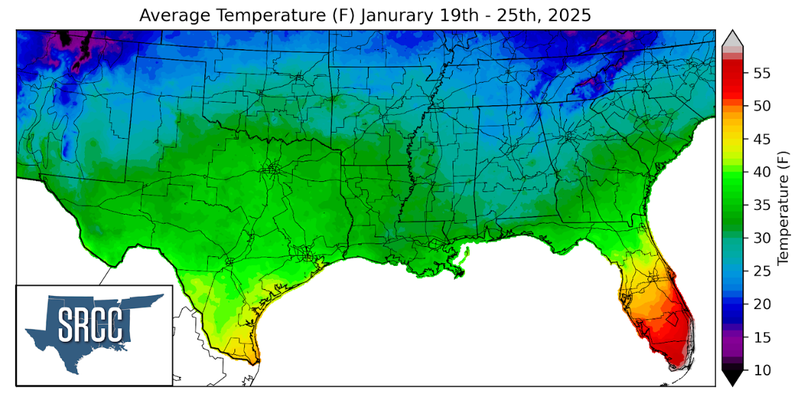 Graphic showing the average temperature across the Southern Region for January 19th - 25th