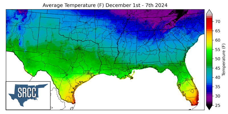 Graphic showing the average temperature across the Southern Region for December 1st - 7th