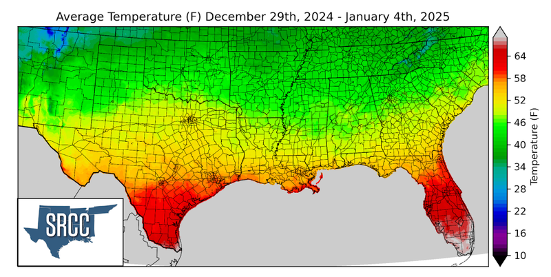 Graphic showing the average temperature across the Southern Region for December 29th - January 4th