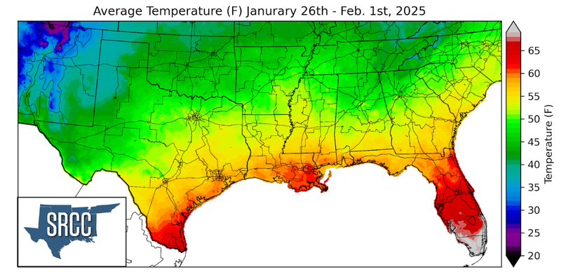 Graphic showing the average temperature across the Southern Region for January 26th - February 1st