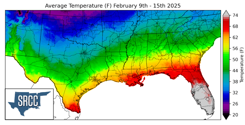 Graphic showing the average temperature across the Southern Region for February 9th - 15th