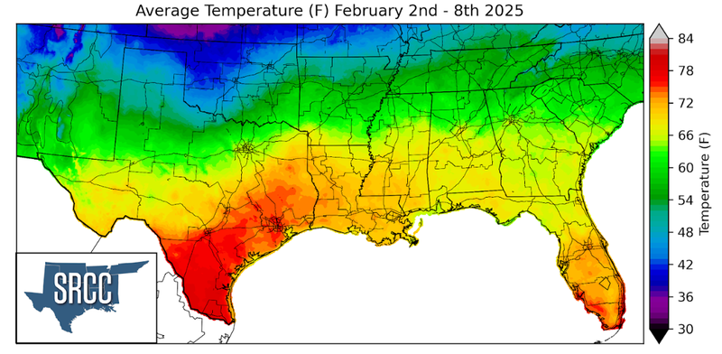 Graphic showing the average temperature across the Southern Region for February 2nd - 8th