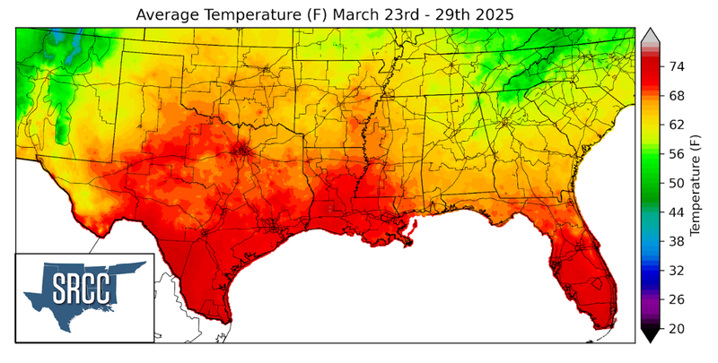 Graphic showing the average temperature across the Southern Region for March 23rd - 29th