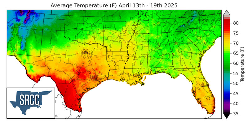 Graphic showing the average temperature across the Southern Region for April 13th - 19th