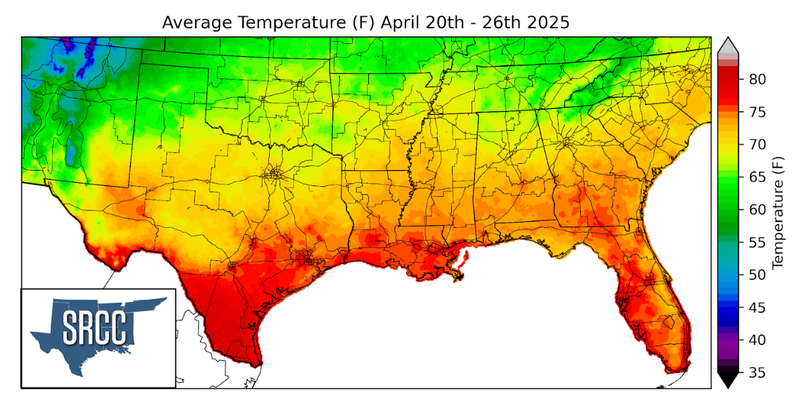 Graphic showing the average temperature across the Southern Region for April 20th - 26th