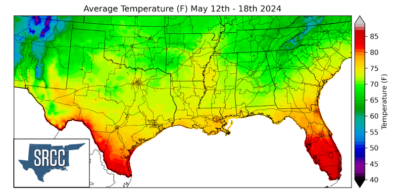 Graphic showing the average temperature across the Southern Region for May 12th - 18th