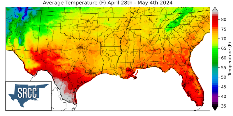 Graphic showing the average temperature across the Southern Region for April 28th - May 4th