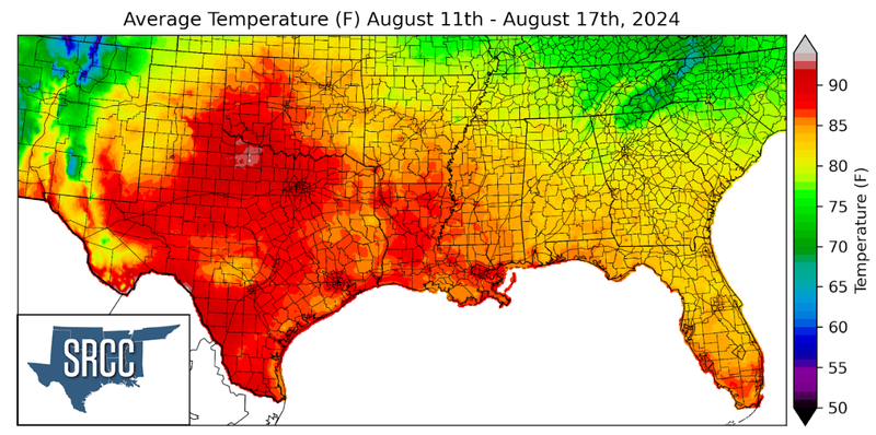 Graphic showing the average temperature across the Southern Region for August 11th - 17th