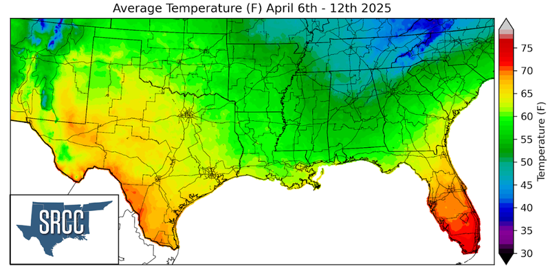 Graphic showing the average temperature across the Southern Region for April 4th - 12th