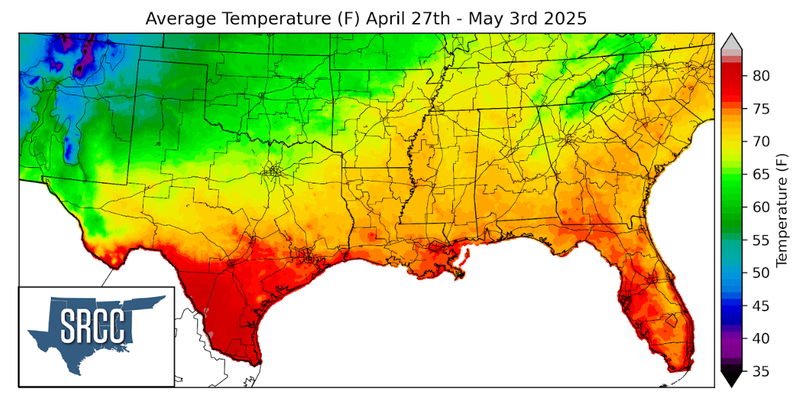 Graphic showing the average temperature across the Southern Region for April 27th - May 3rd