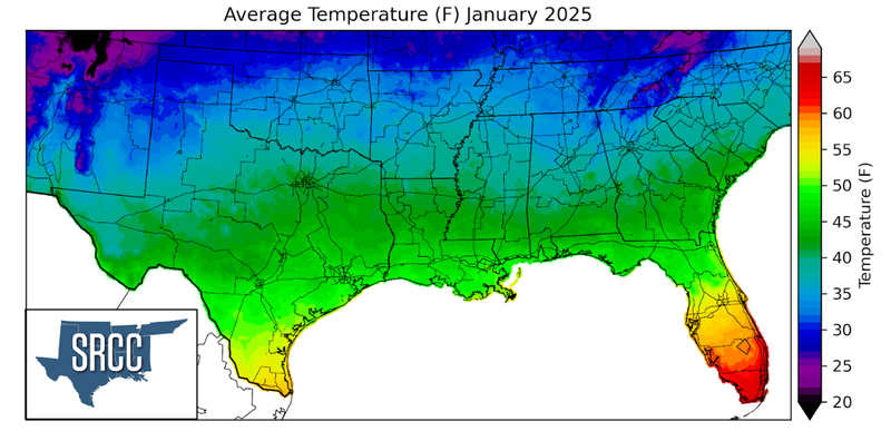 Graphic showing the average temperature across the Southern Region for January