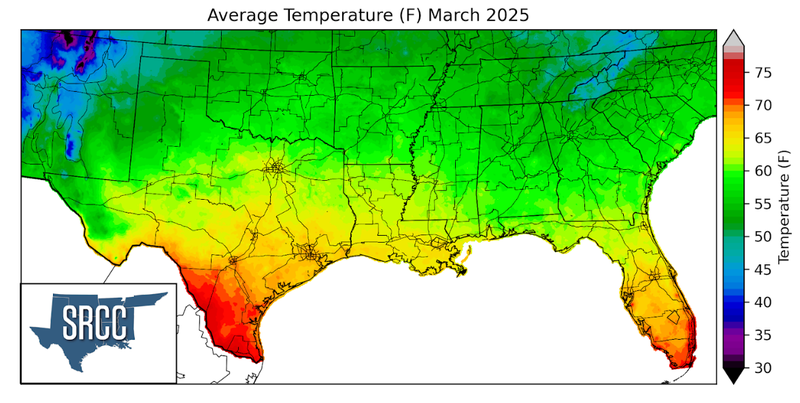 Graphic showing the average temperature across the Southern Region for March
