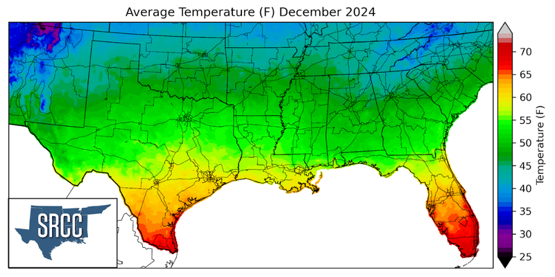 Graphic showing the average temperature across the Southern Region for December