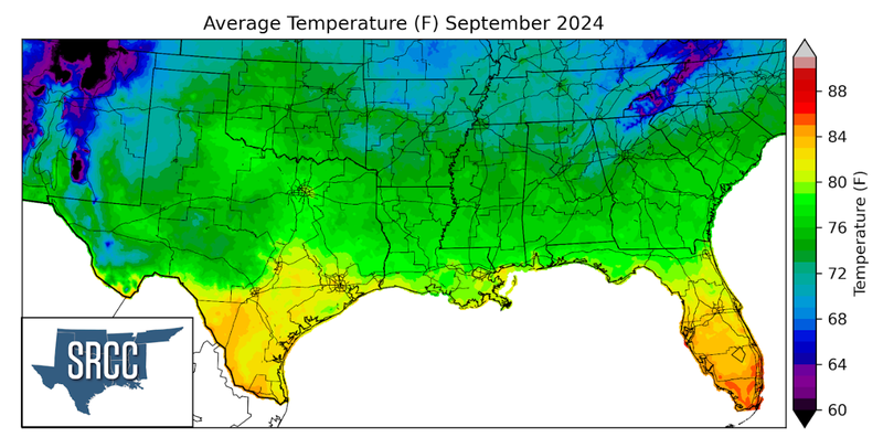 Graphic showing the average temperature across the Southern Region for September