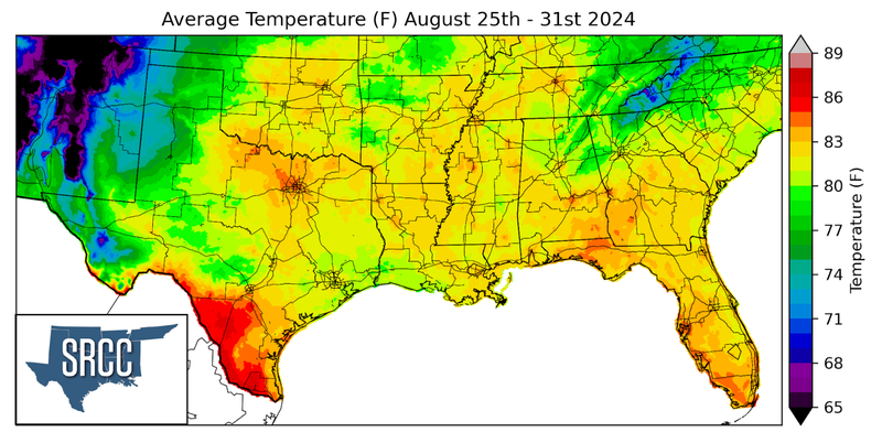 Graphic showing the average temperature across the Southern Region for August 25th - 31st