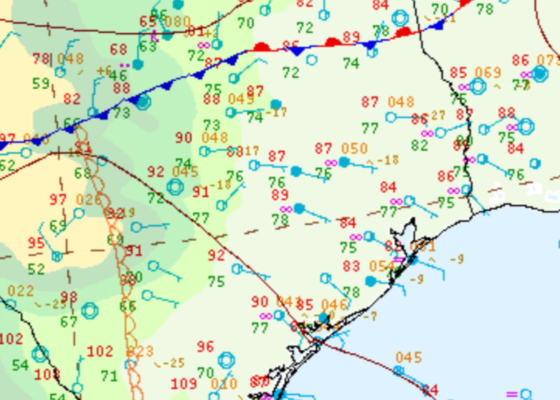 Surface analysis displaying dryline in Central TX